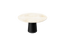 Flow round dining table with black travertine surface and black cylindrical base, stylish and modern for contemporary dining spaces.
