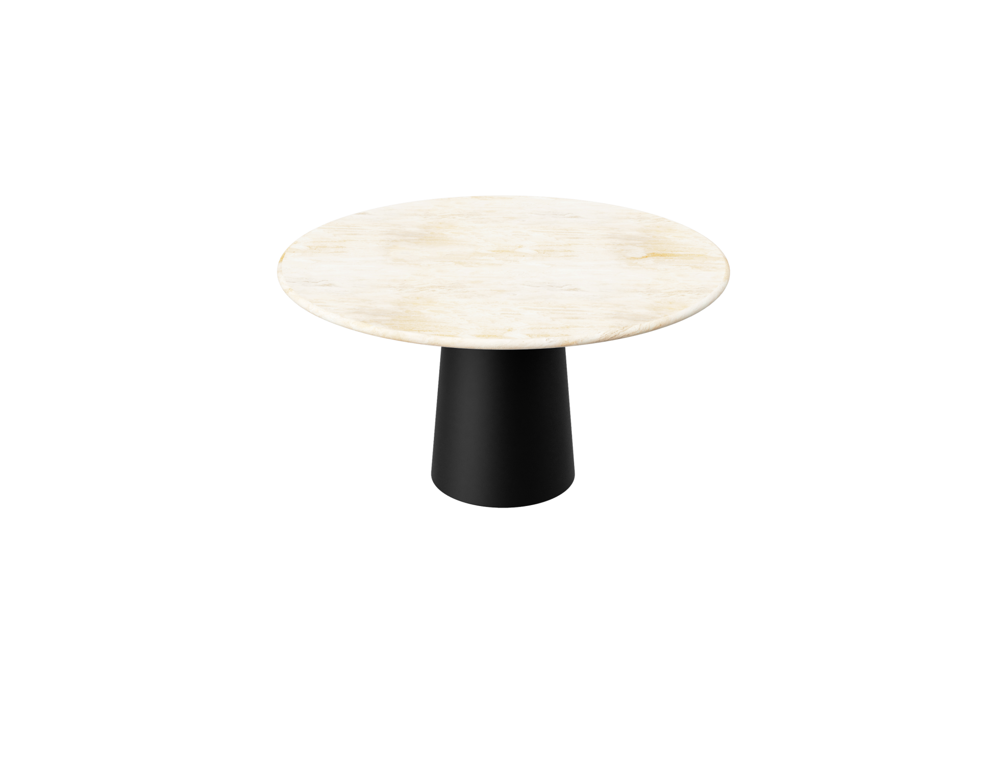 Flow round dining table with black travertine surface and black cylindrical base, stylish and modern for contemporary dining spaces.