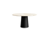 Flow round dining table with black cylindrical travertine top and sleek base, modern design for contemporary dining spaces.