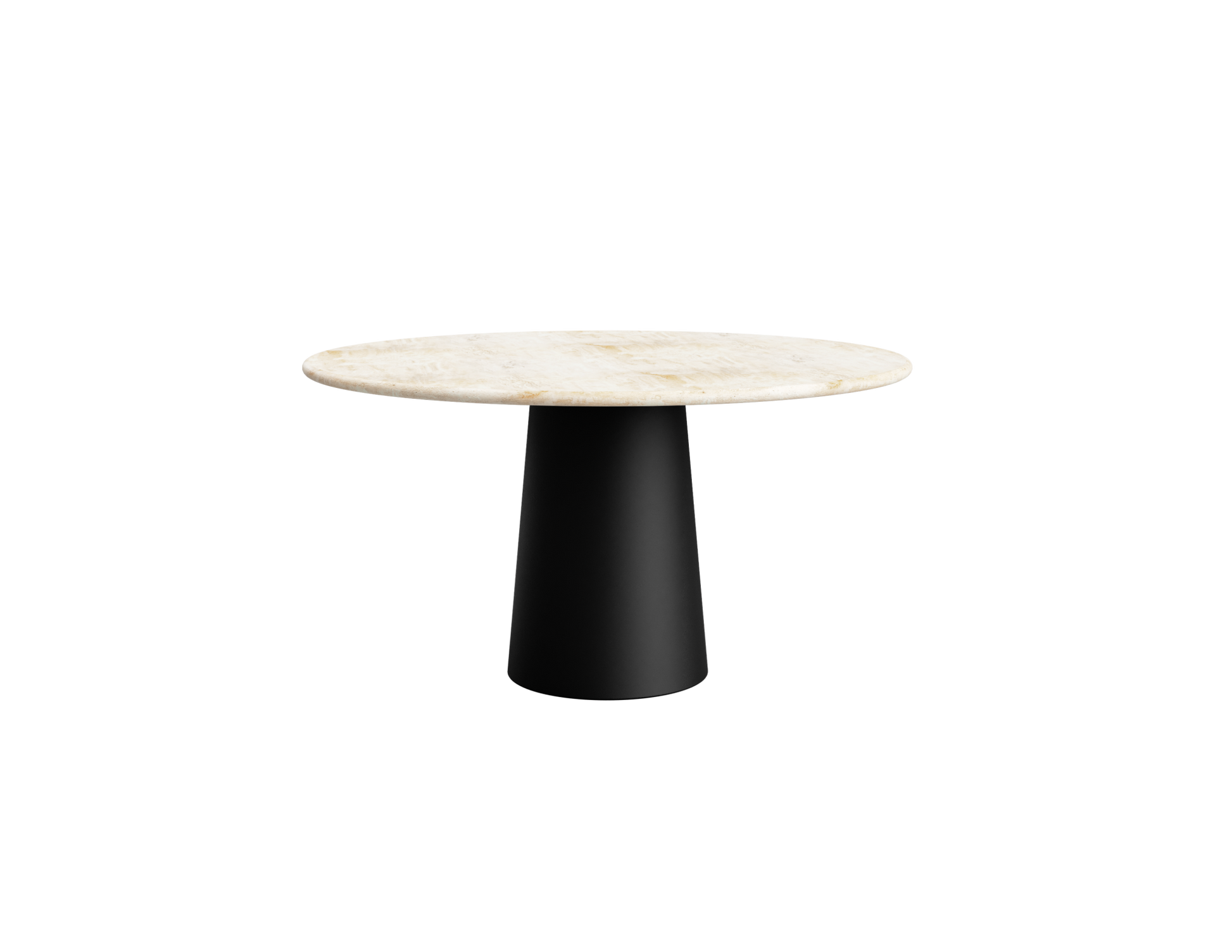Flow round dining table with black cylindrical travertine top and sleek base, modern design for contemporary dining spaces.