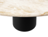Round dining table with black cylindrical base and travertine tabletop, modern design, ideal for contemporary dining spaces.
