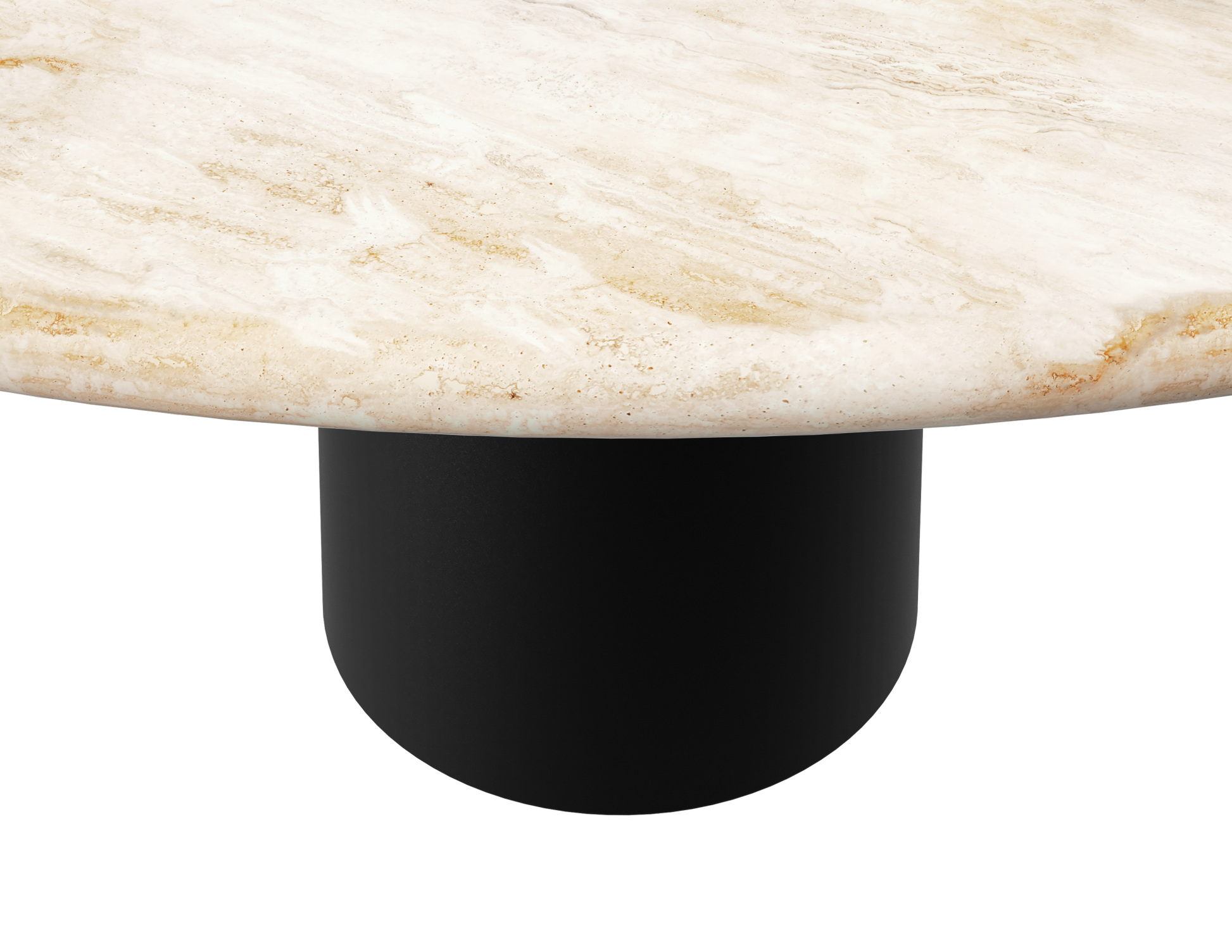 Round dining table with black cylindrical base and travertine tabletop, modern design, ideal for contemporary dining spaces.