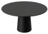 Flow round dining table with charcoal oak finish, black cylindrical base, and smooth surface featuring minor edge damage and small scratches.
