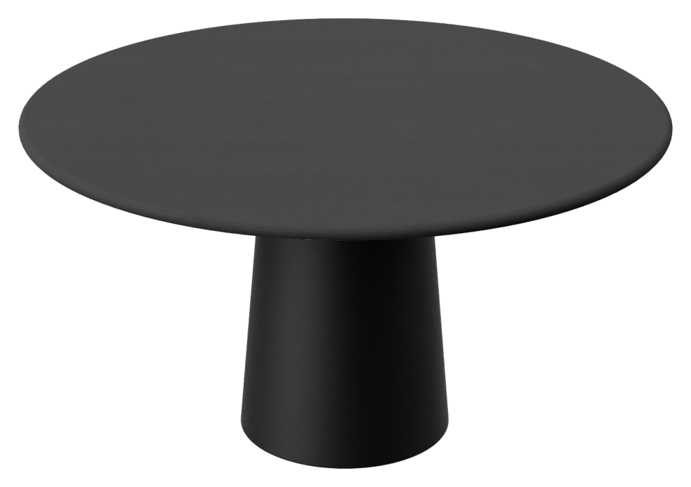 Flow round dining table with charcoal oak finish, black cylindrical base, and smooth surface featuring minor edge damage and small scratches.