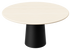 Flow round dining table in Ash White oak with black cylinder base, slight scratches, and worn edges for a modern look.