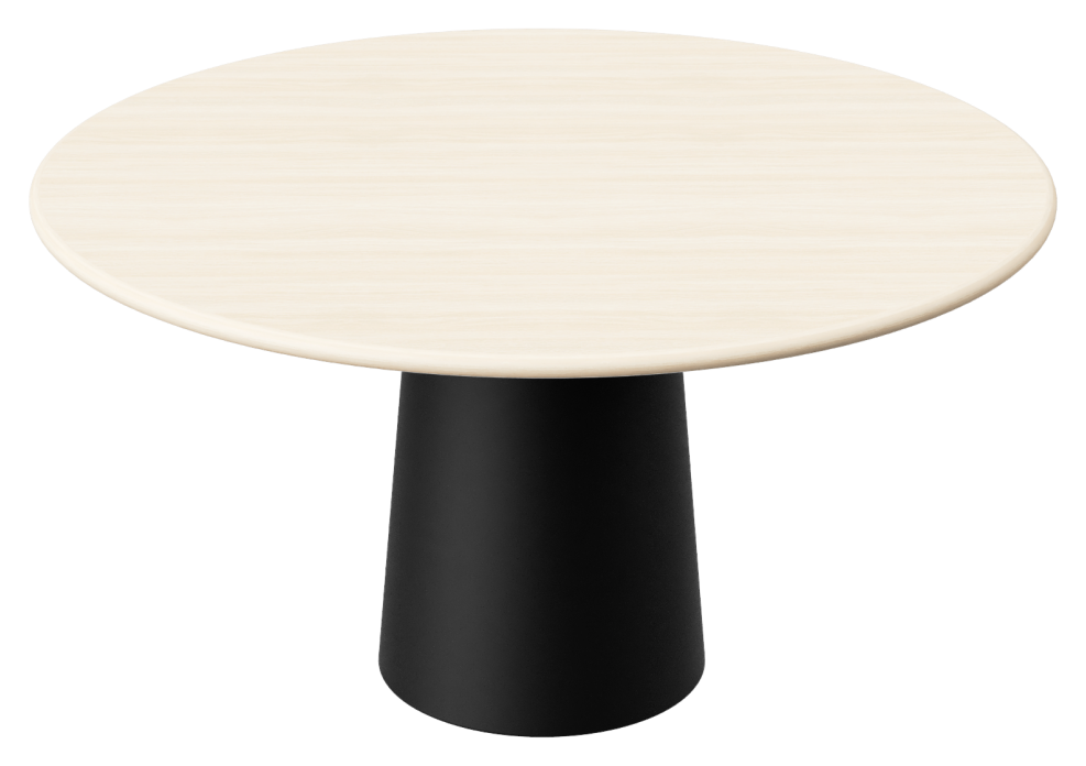 Flow round dining table in Ash White oak with black cylinder base, slight scratches, and worn edges for a modern look.