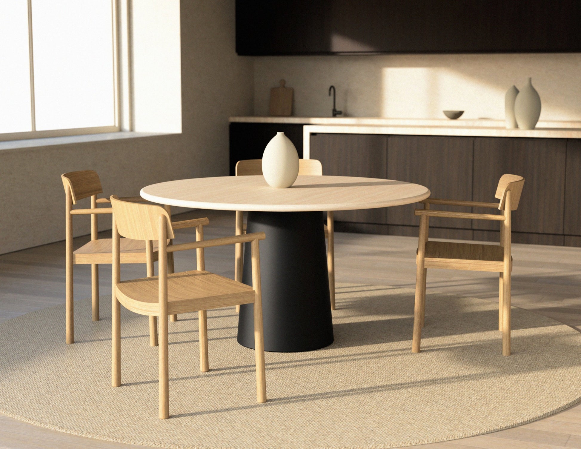 Flow round dining table in Ash White oak with black cylinder base, slightly worn edges and minor scratches, natural wood grain visible.
