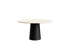 Flow round dining table with ash white oak finish and black cylindrical base, 110 cm diameter, modern and stylish design.
