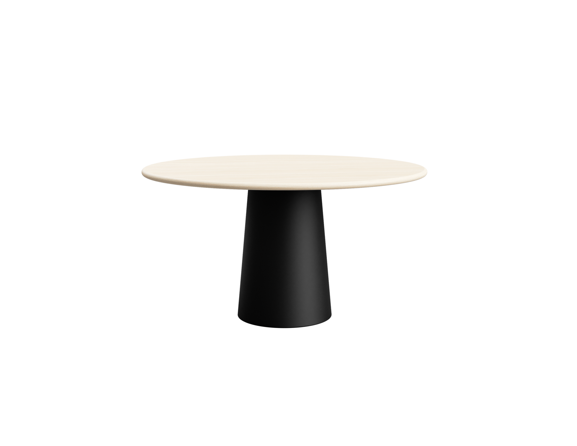 Flow round dining table with ash white oak finish and black cylindrical base, 110 cm diameter, modern and stylish design.