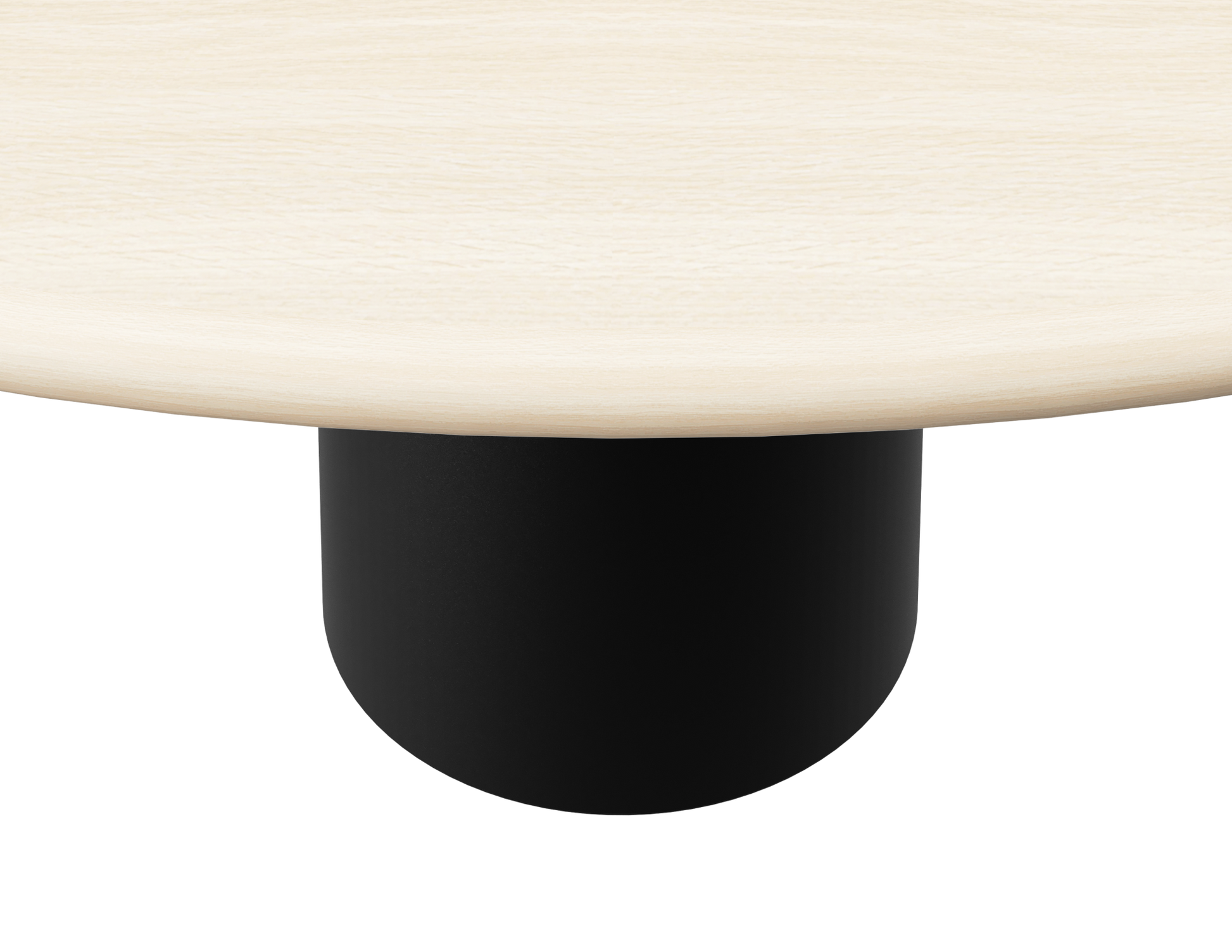 Flow round dining table with Ash White oak finish and black cylinder base, 110 cm diameter, modern design.