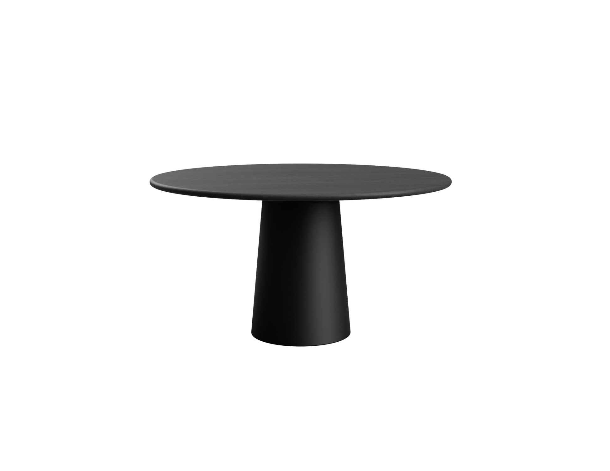 Flow round dining table in charcoal oak finish with black cylindrical base, modern design, 110 cm diameter.