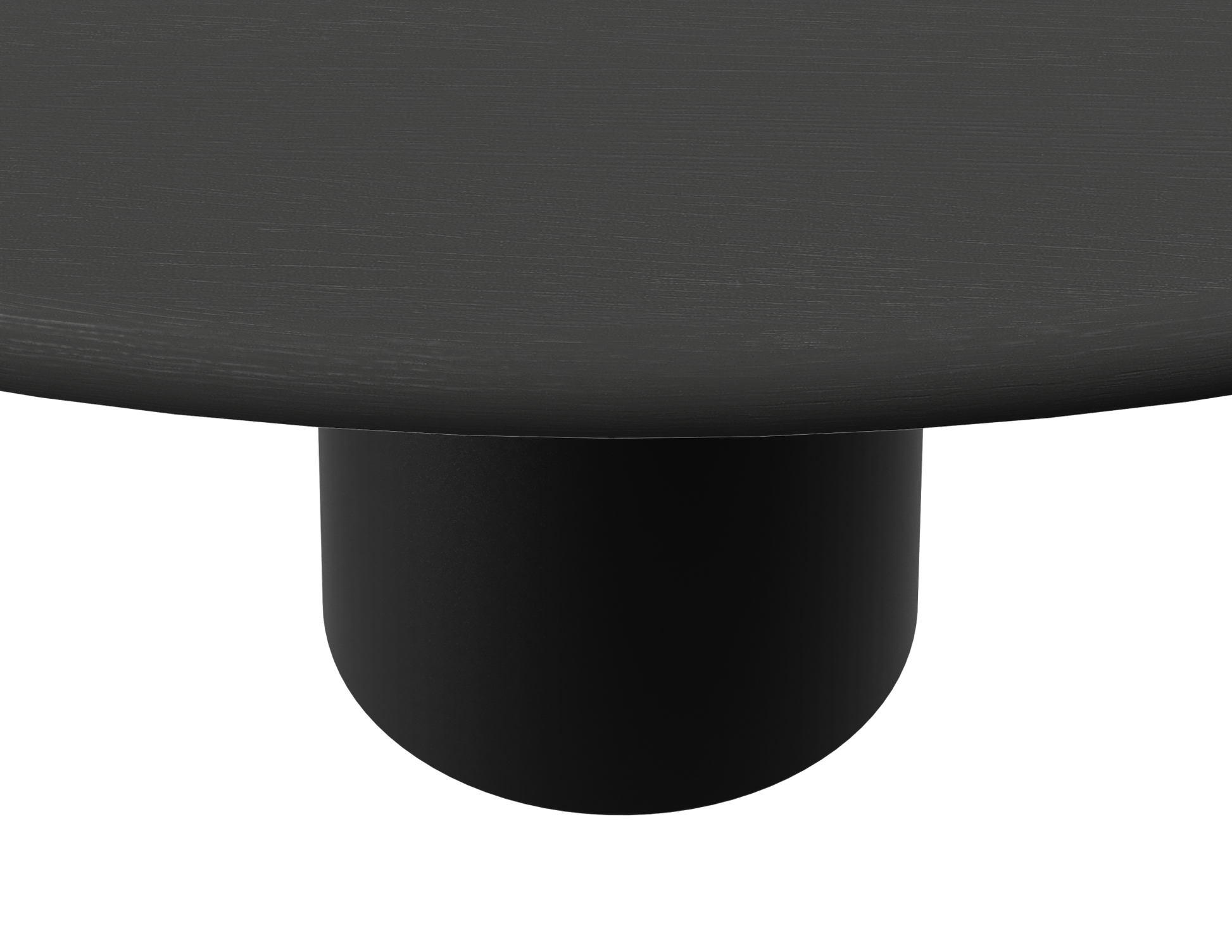Flow round dining table in charcoal oak finish with black cylindrical base, modern design ideal for dining spaces.