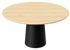 Round dining table with natural oak finish and black cylinder base, modern design, suitable for dining rooms.
