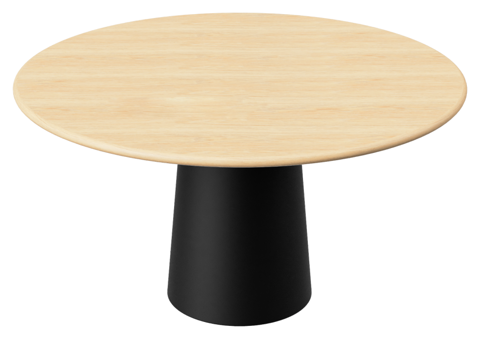 Round dining table with natural oak finish and black cylinder base, modern design, suitable for dining rooms.