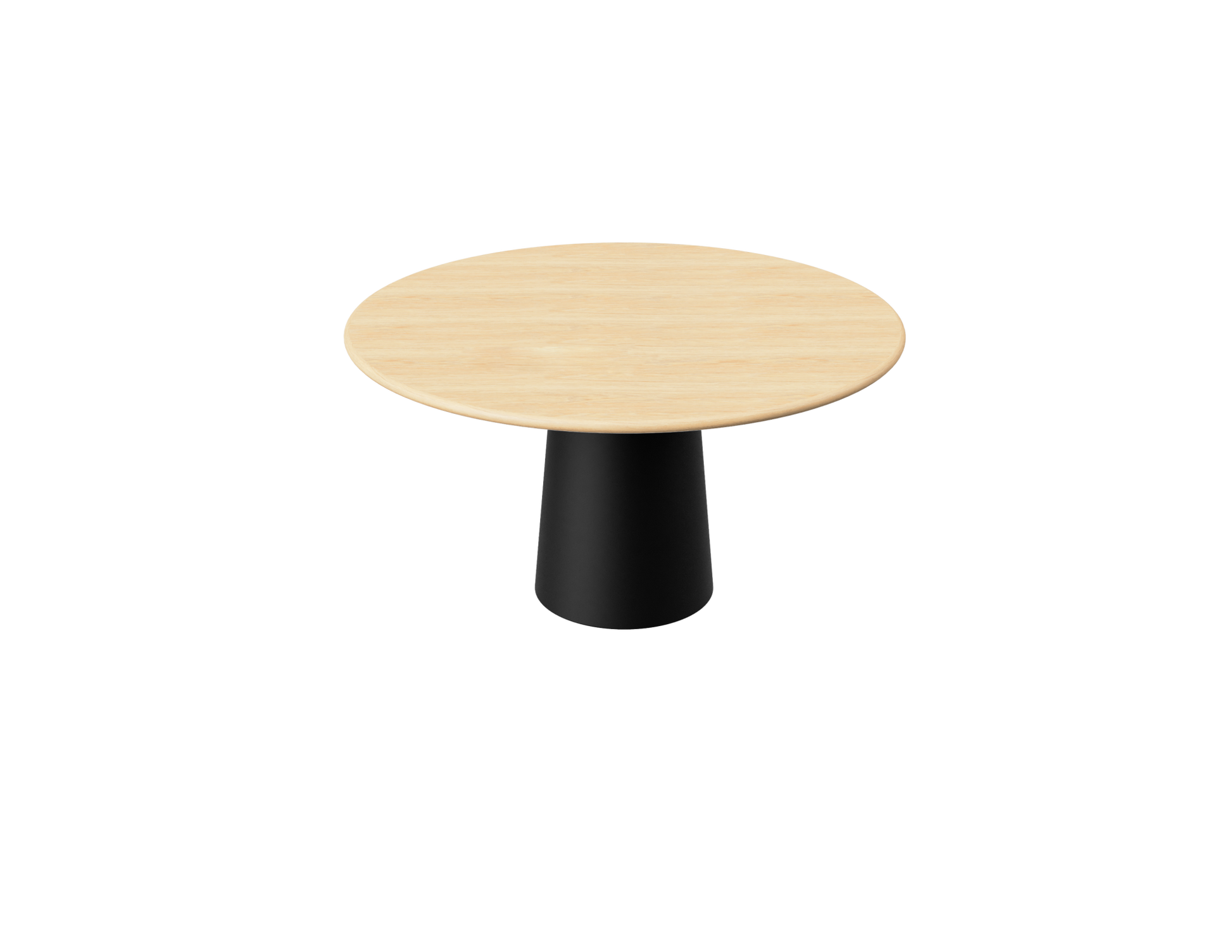 Flow round dining table in natural oak with black cylinder base, 110 cm diameter, modern and stylish for contemporary dining spaces.