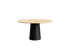 Flow round dining table in natural oak with black cylindrical base, 110 cm diameter, modern and stylish for contemporary dining spaces.