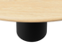 Flow round dining table in natural oak with a black cylindrical base, 110 cm diameter, modern and stylish for dining rooms.