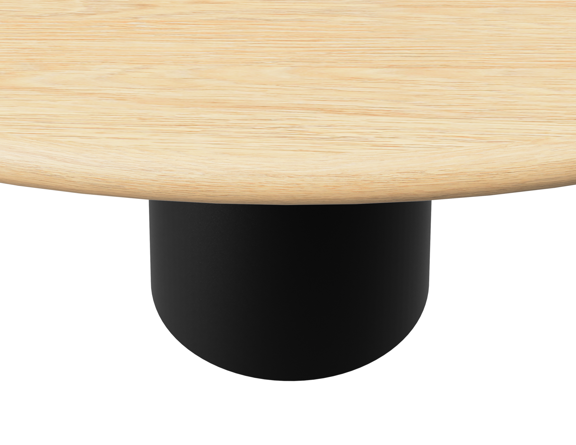 Flow round dining table in natural oak with a black cylindrical base, 110 cm diameter, modern and stylish for dining rooms.