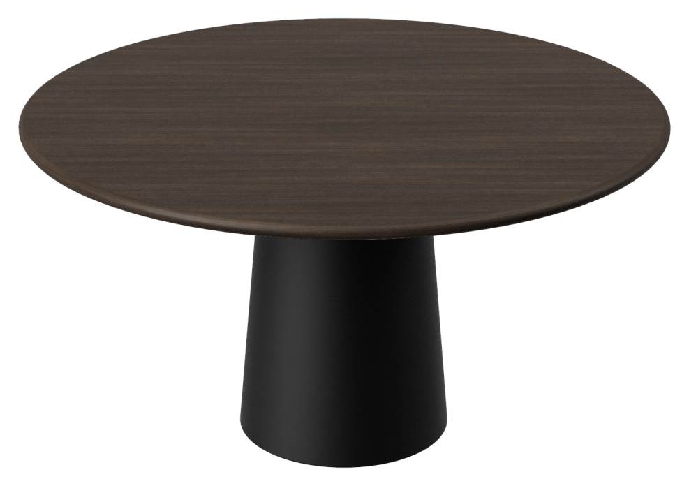 Round dining table with smoked oak finish and black cylindrical base, modern design, sturdy and stylish for contemporary dining spaces.