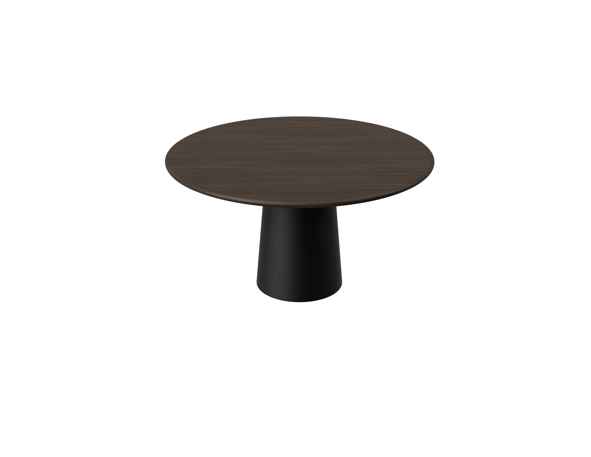 Flow round dining table with smoked oak top and black cylindrical base, modern and stylish for dining spaces