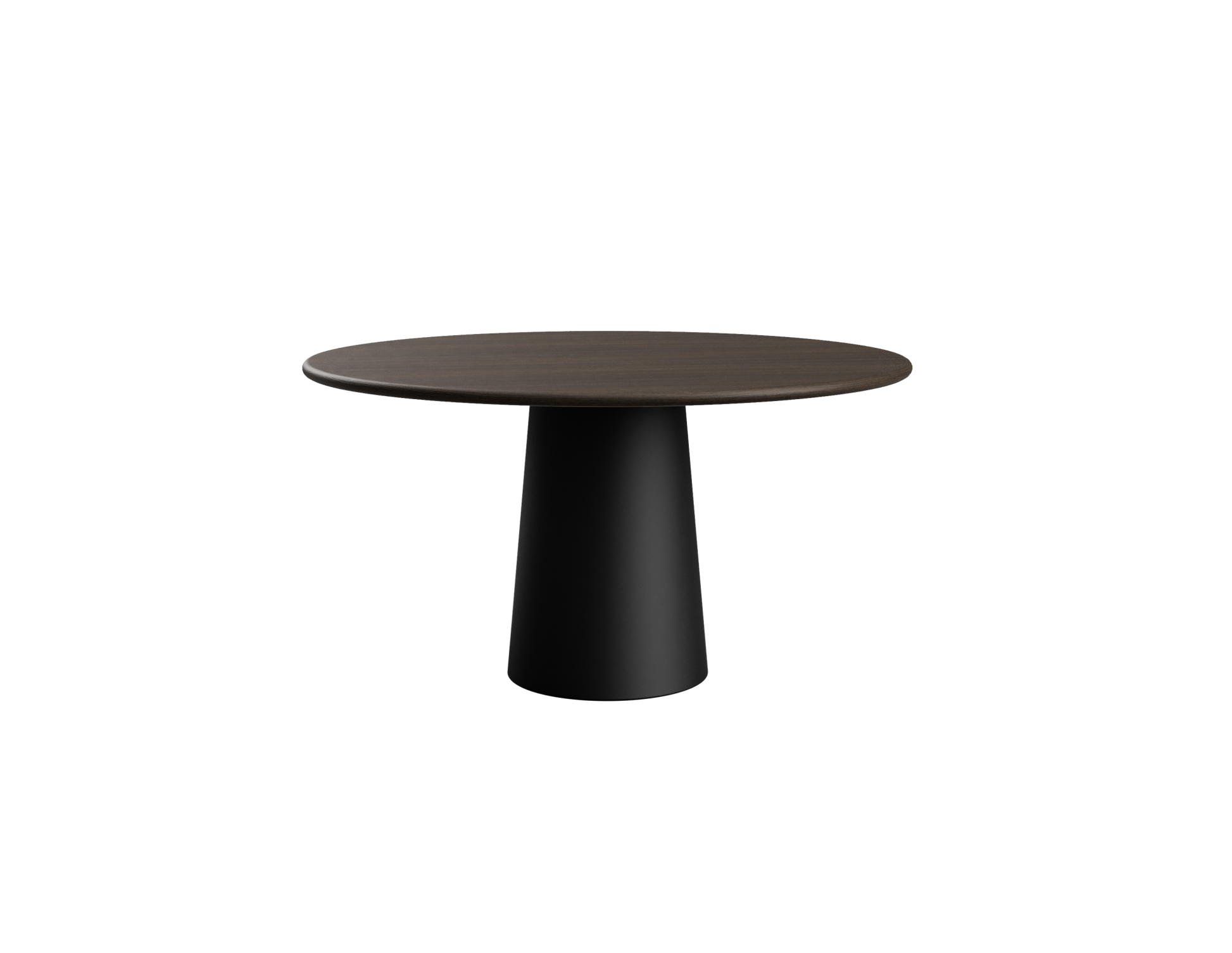 Flow round dining table with smoked oak surface and black cylindrical base, 110 cm diameter, modern style.