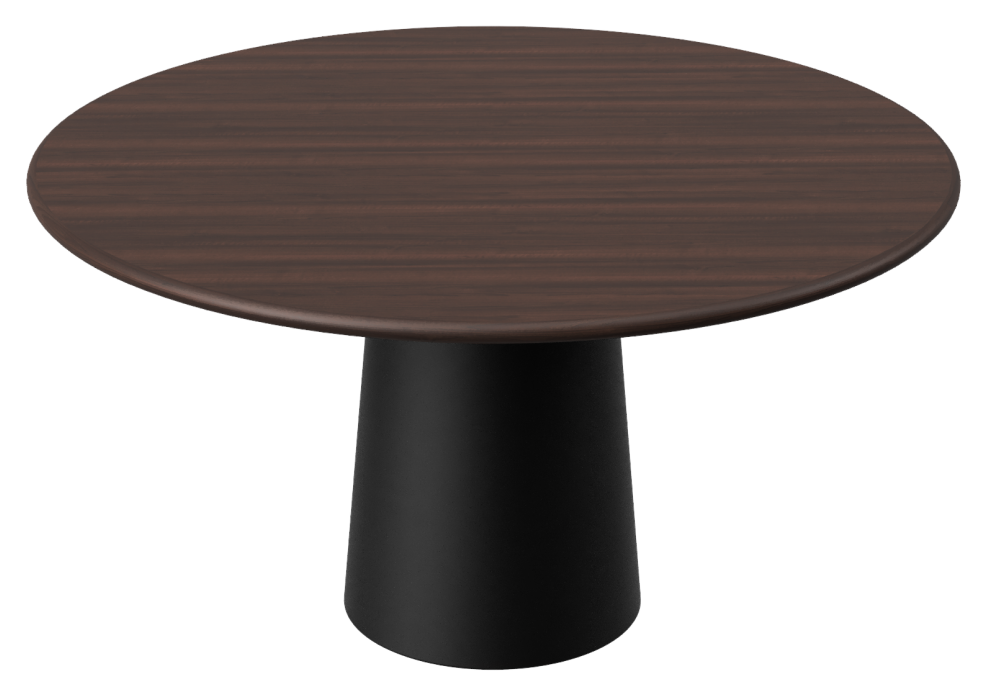 Walnut FLOW round dining table with black cylindrical base, 110 cm diameter, modern wood design for contemporary dining spaces.
