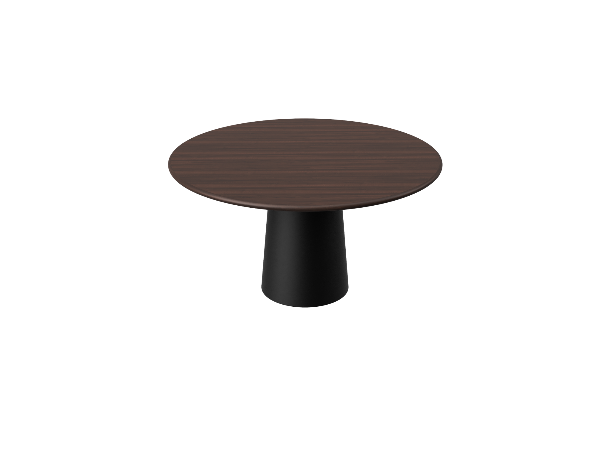 Flow round dining table in walnut wood with a black cylindrical base, showcasing smooth, modern design for dining spaces.