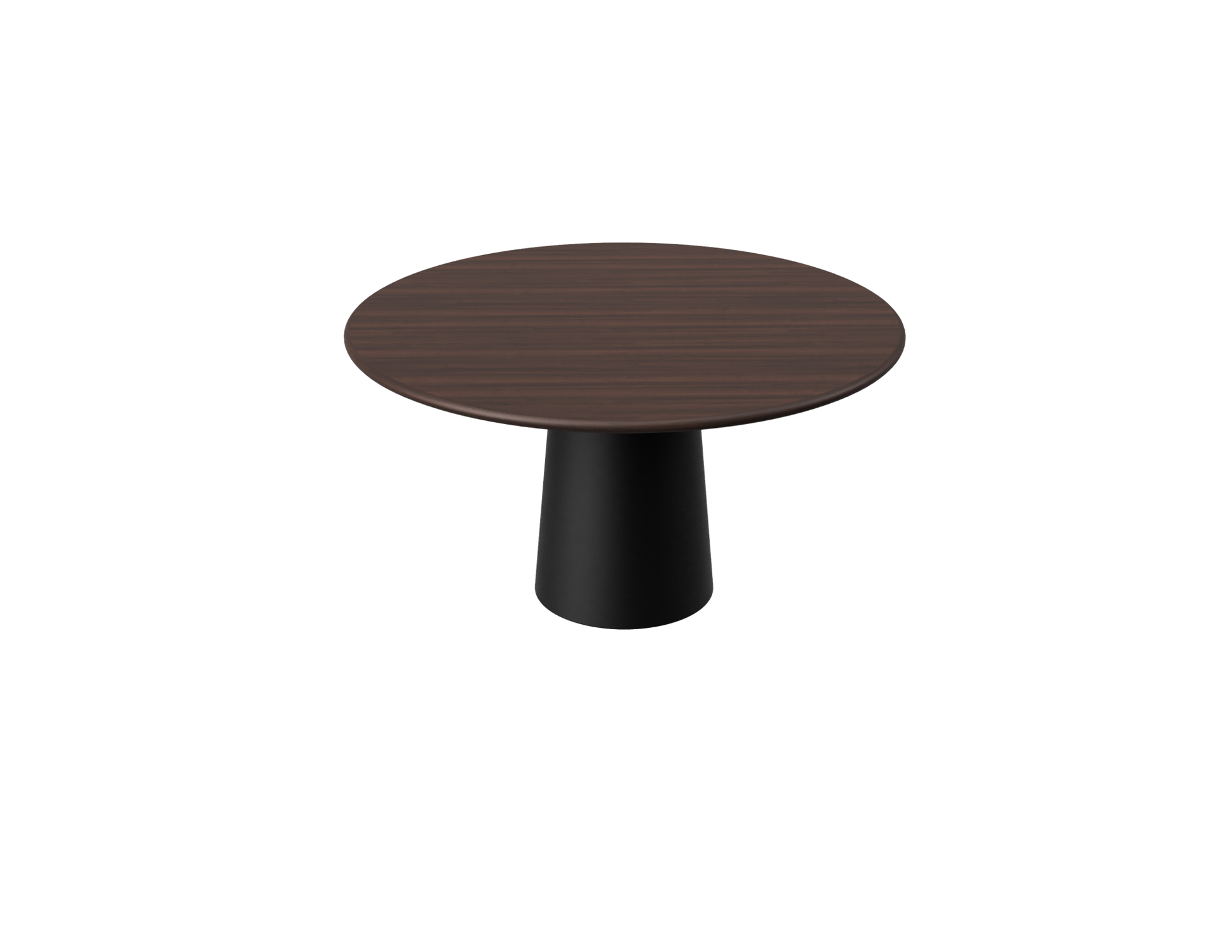 Flow round dining table in walnut wood with a black cylindrical base, showcasing smooth, modern design for dining spaces.