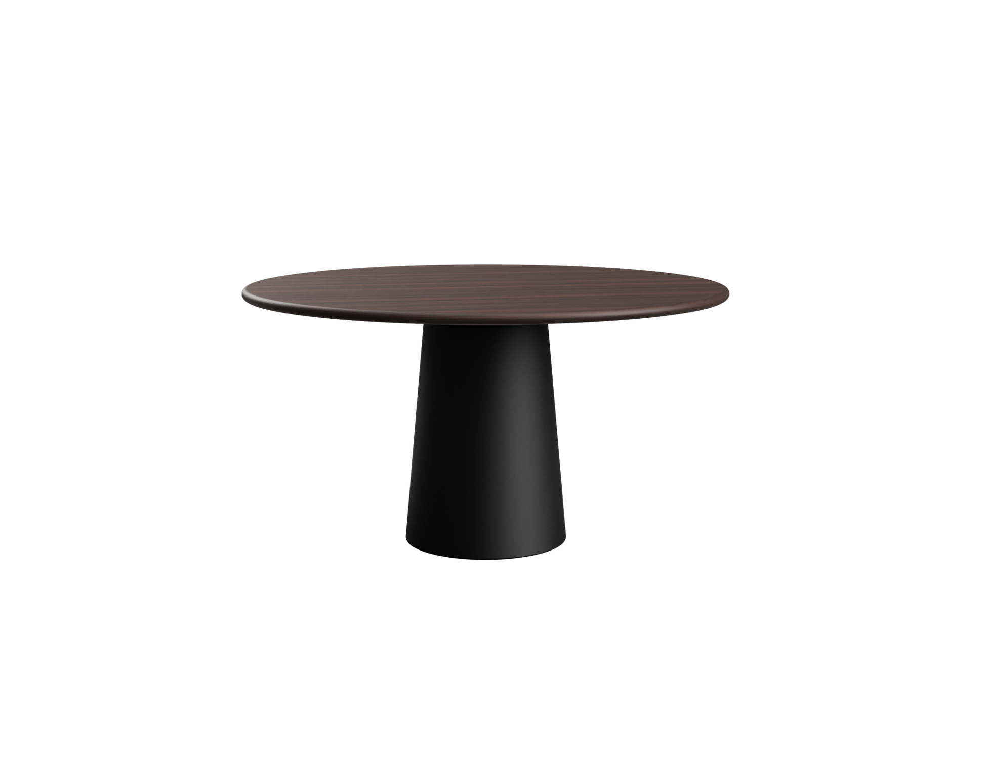 Walnut FLOW round dining table with black cylindrical base, 110 cm diameter, modern wooden table for dining room use