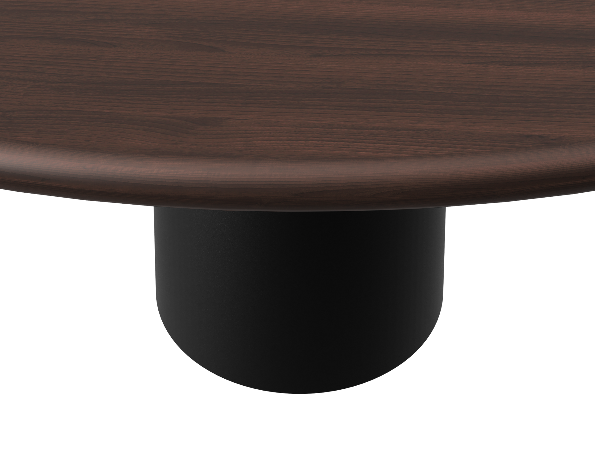 Walnut FLOW round dining table with black cylindrical base, 110 cm diameter, modern design for stylish dining spaces.