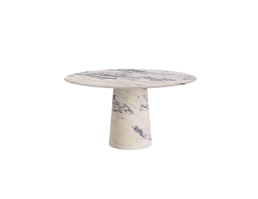 Flow round dining table by My Store with matte finish, featuring an Amarante marble cylinder base and 110 cm tabletop.