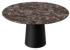Flow round dining table with dark Emperador brown marble top and black cylindrical base, 110 cm diameter, modern design.