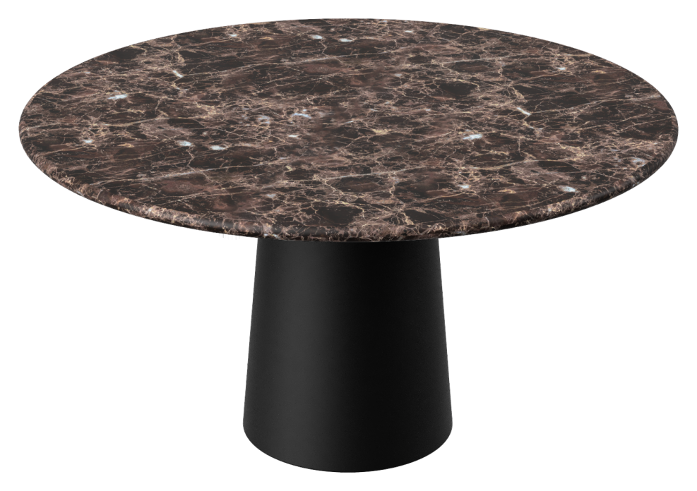 Flow round dining table with dark Emperador brown marble top and black cylindrical base, 110 cm diameter, modern design.