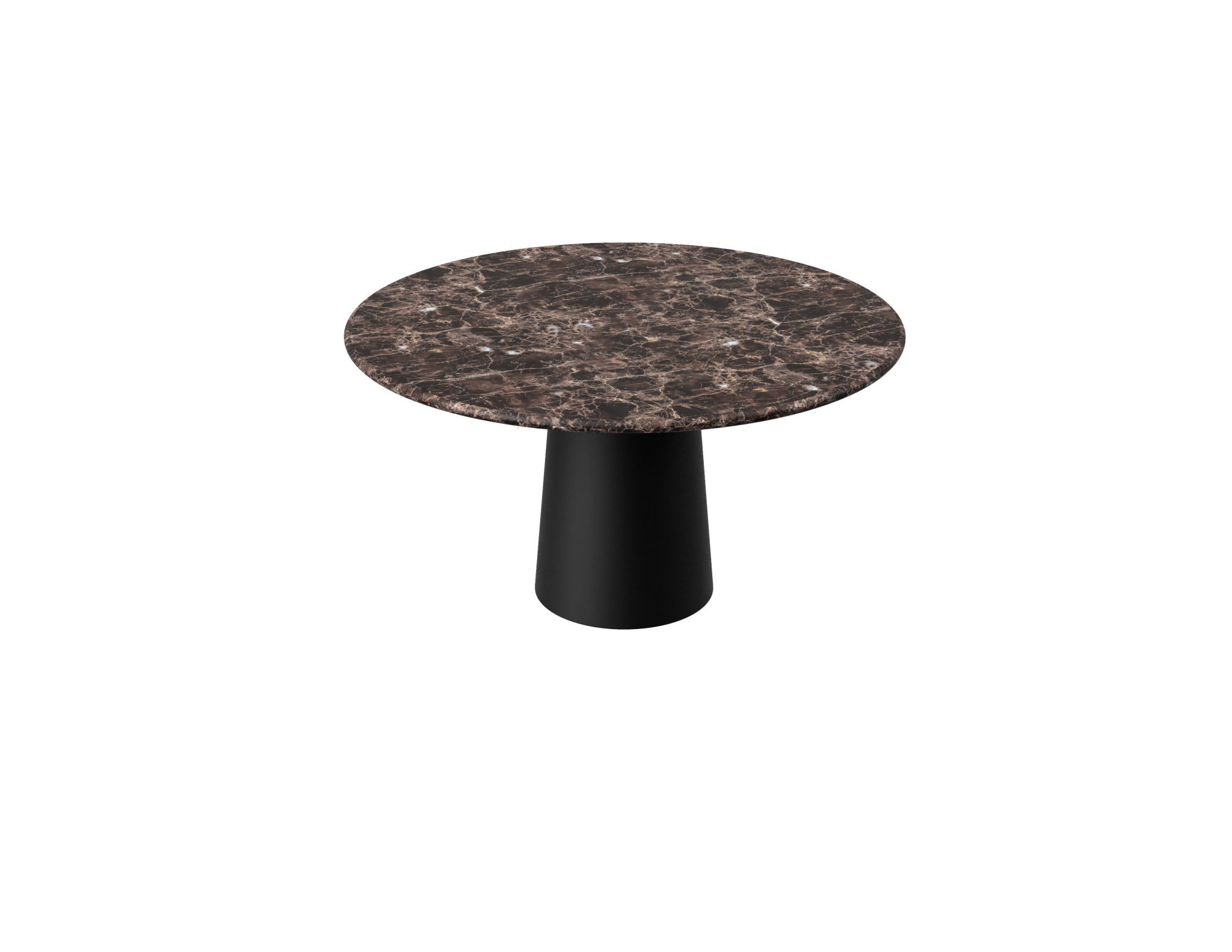 Flow round dining table with dark Emperador brown marble top and black cylindrical base, 110 cm diameter, matte finish.