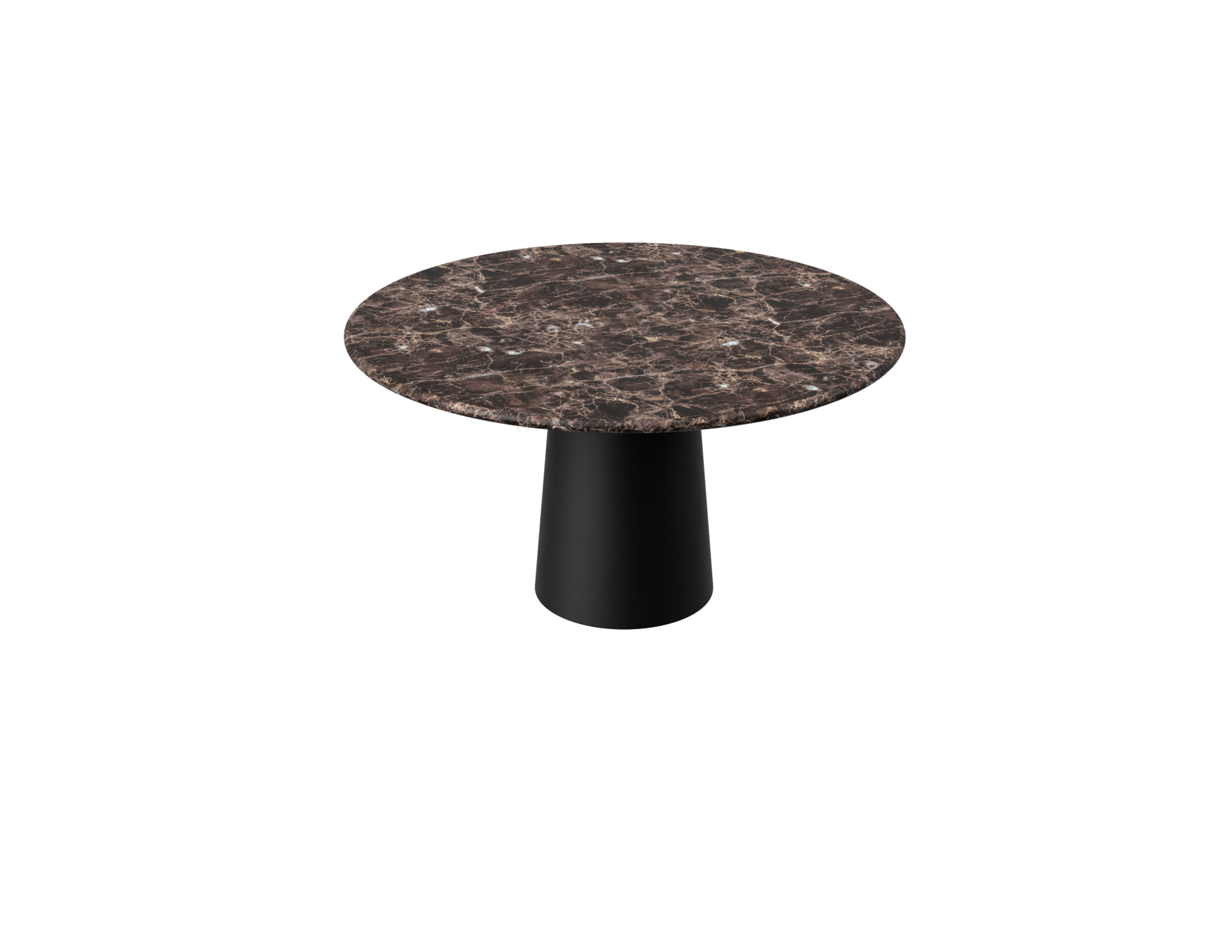Flow round dining table with dark Emperador brown marble top and black cylindrical base, 110 cm diameter, matte finish.