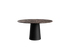 Flow round dining table with dark Emperador brown marble top and black cylindrical base, 110 cm diameter, modern design.
