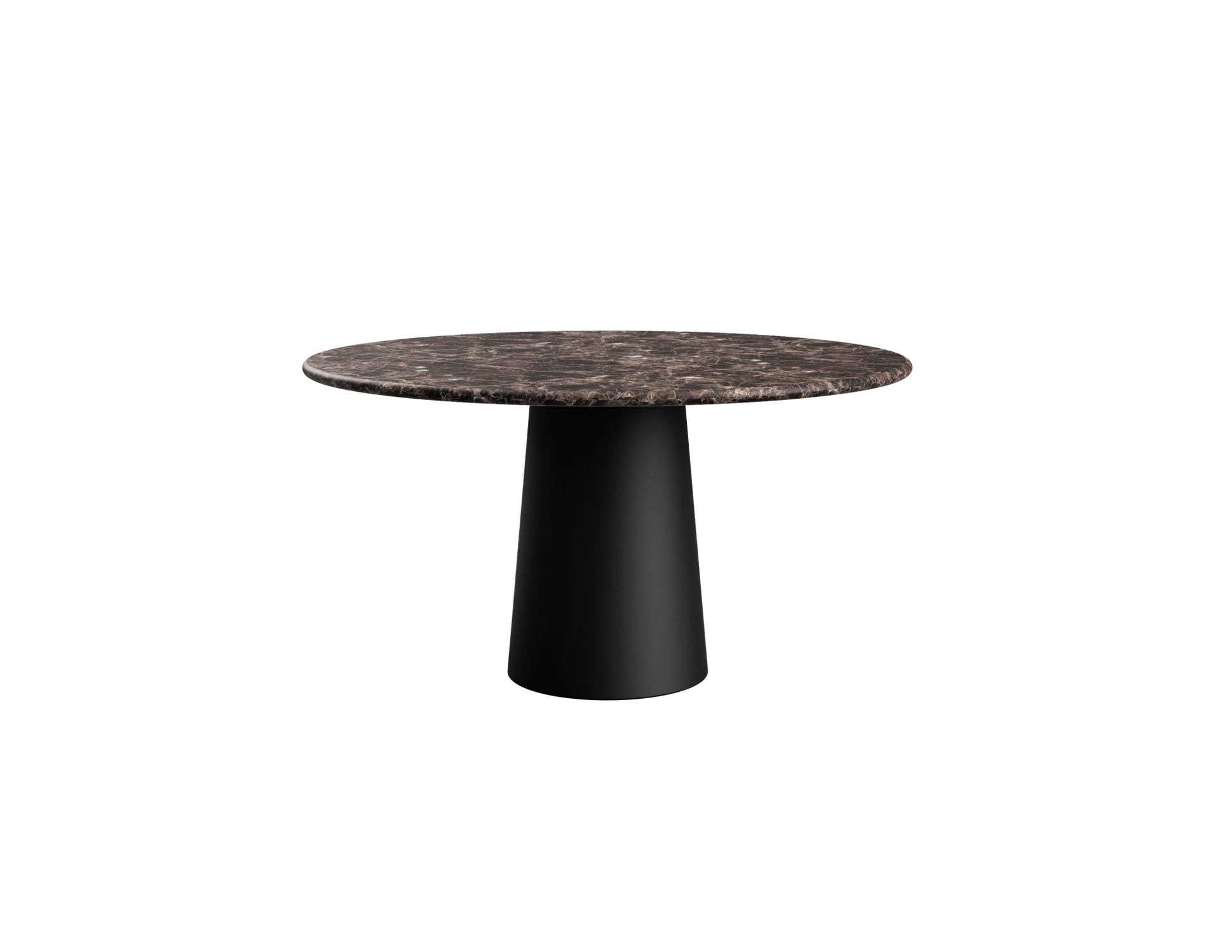 Flow round dining table with dark Emperador brown marble top and black cylindrical base, 110 cm diameter, modern design.