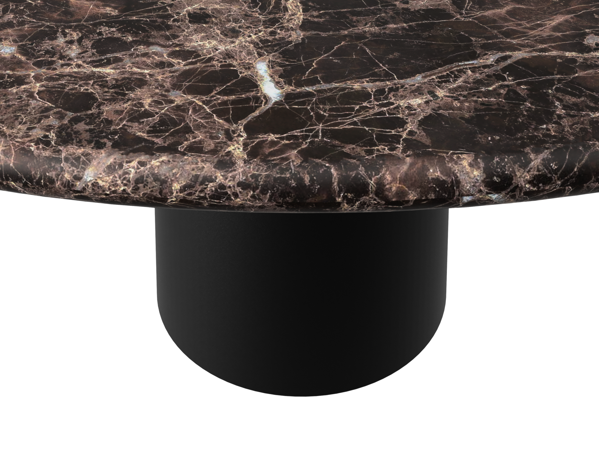 Flow round dining table with dark Emperador brown marble top and black cylindrical base, 110 cm diameter, matte finish.