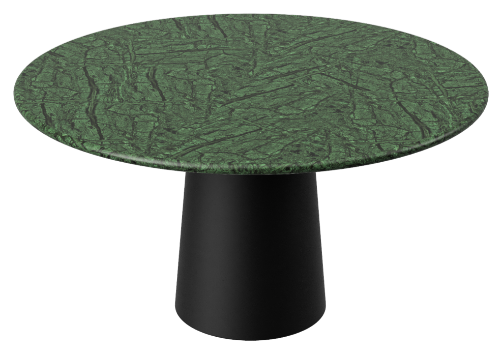 Flow round dining table with India Green marble top and black cylindrical base, 110 cm diameter, matte finish.