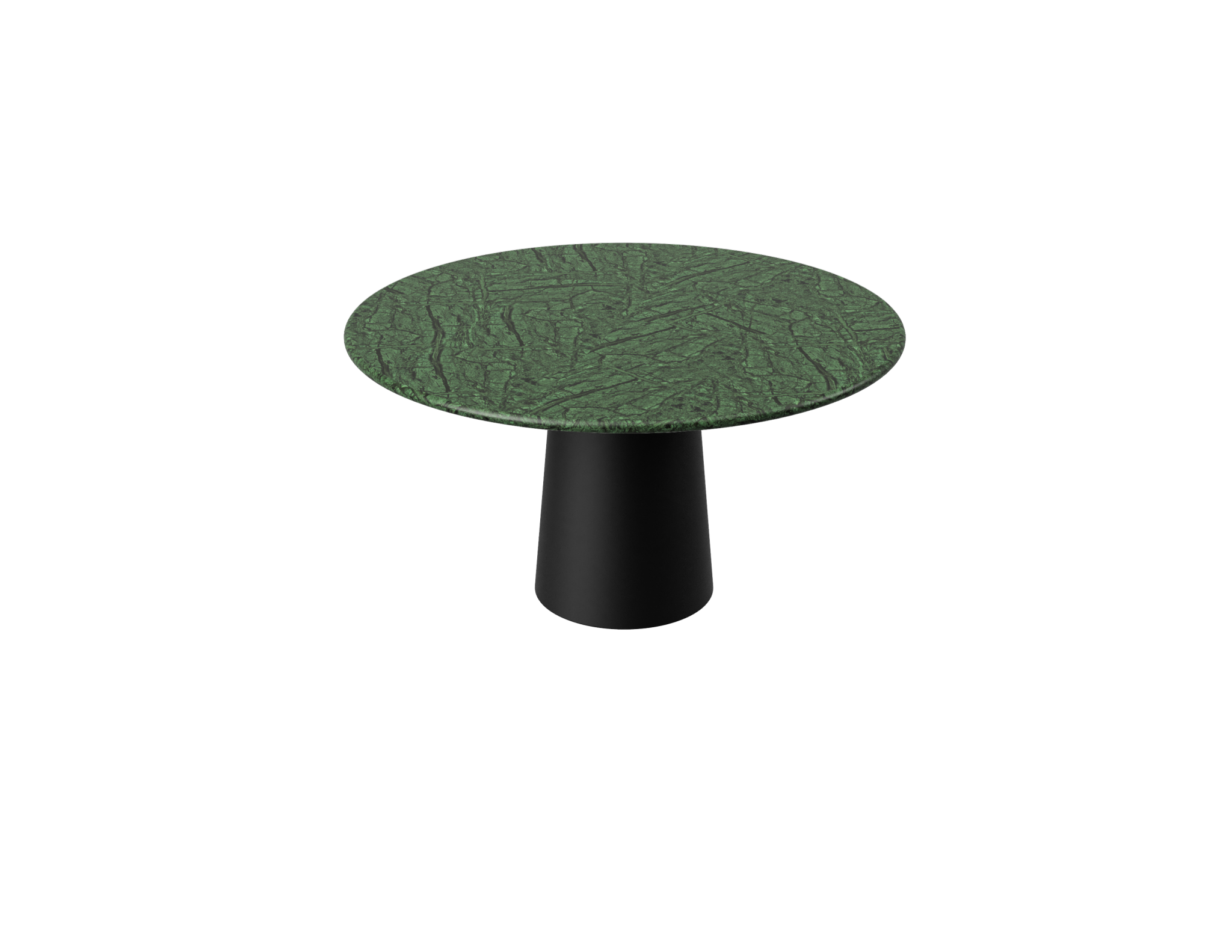 Flow round dining table with India Green marble top and black cylindrical base, 110 cm diameter, matte finish.