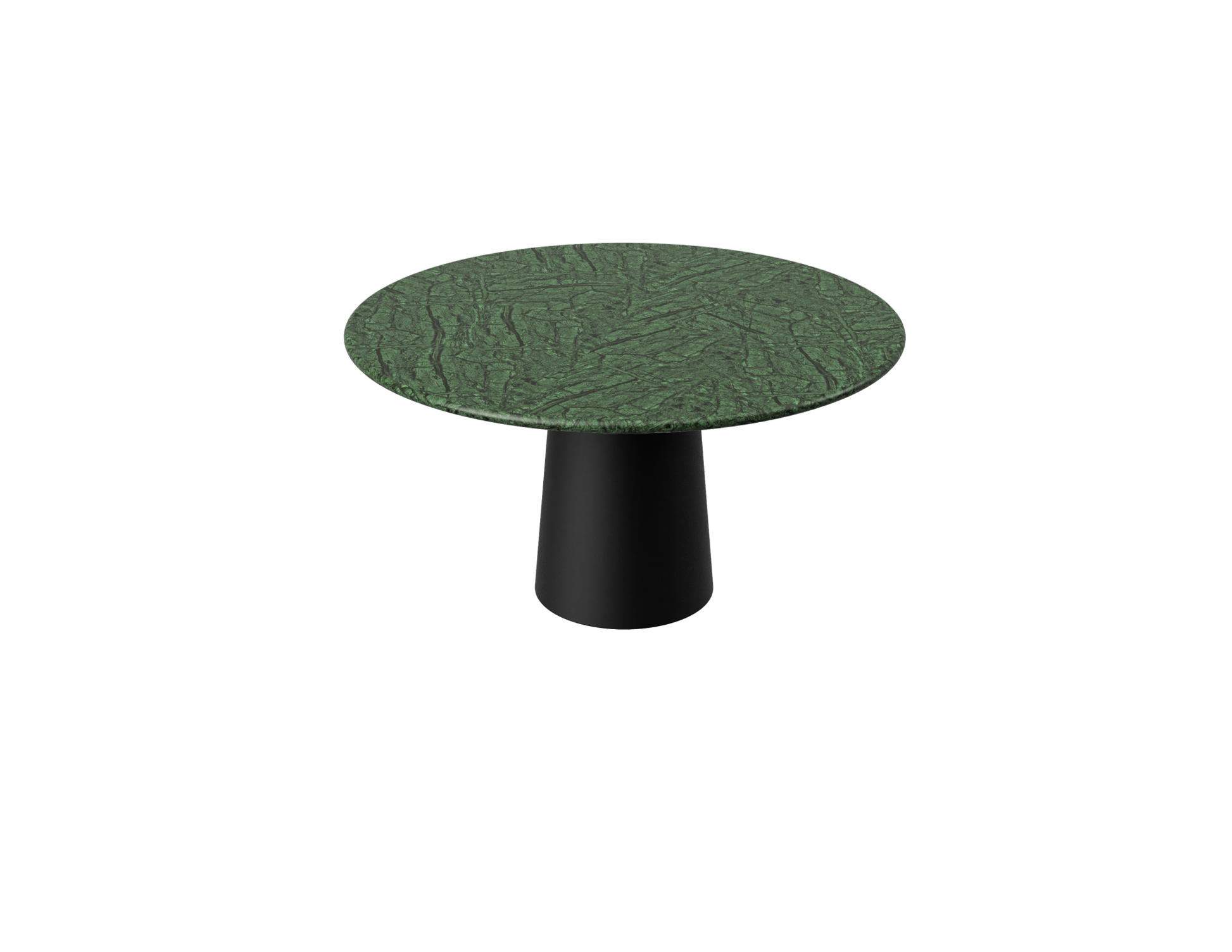 Flow round dining table with India Green marble top and black cylindrical base, 110 cm diameter, matte finish.