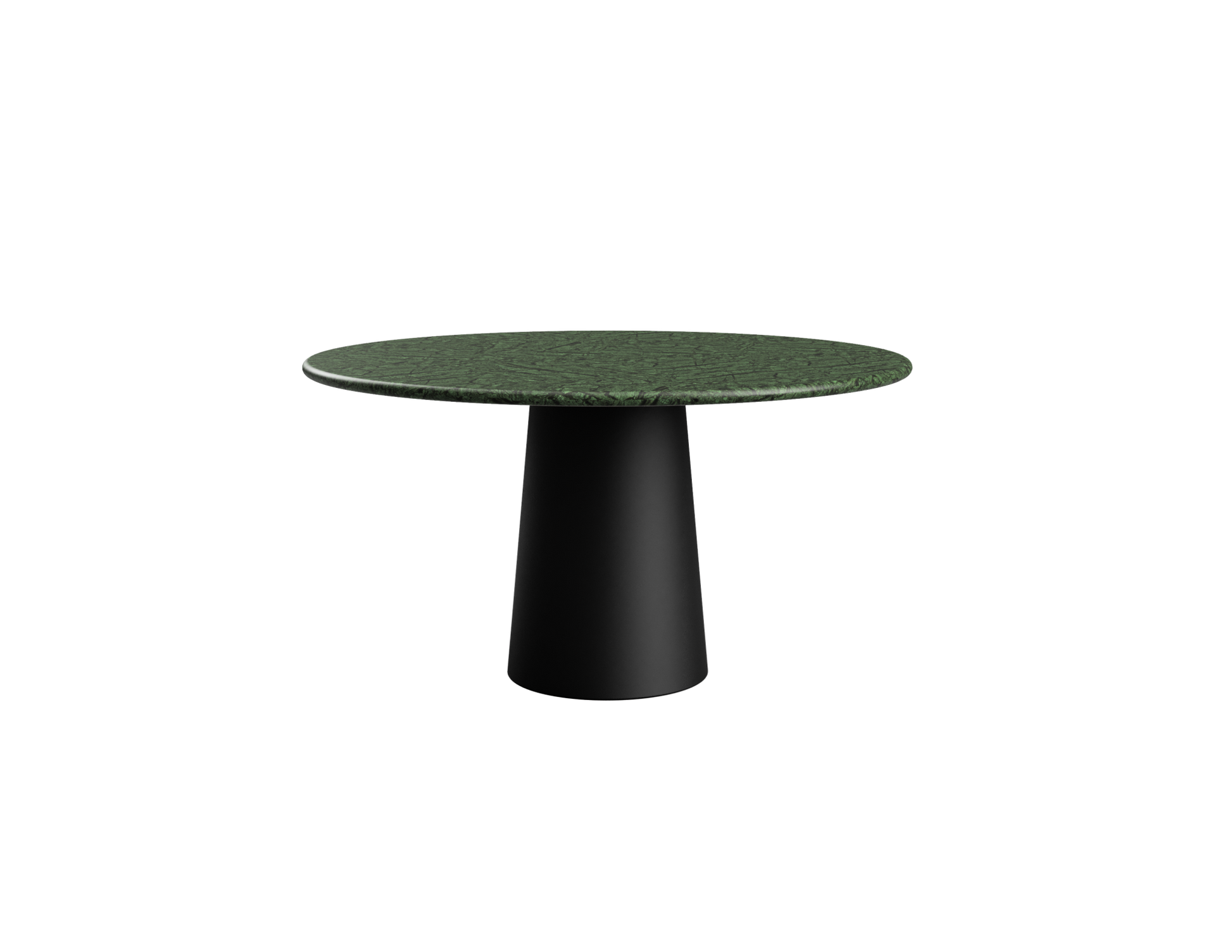 Flow round dining table with India Green marble top and black cylindrical base, 110 cm, matte finish, by My Store.