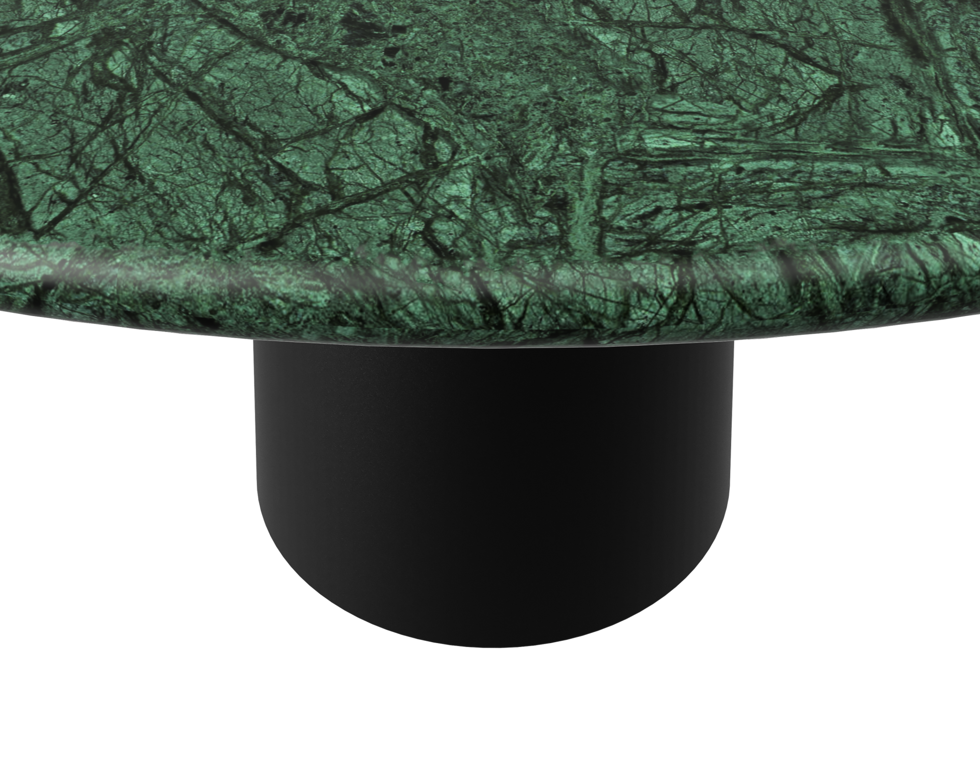 Flow round dining table with India Green marble top and black cylindrical base, 110 cm diameter, matte finish.