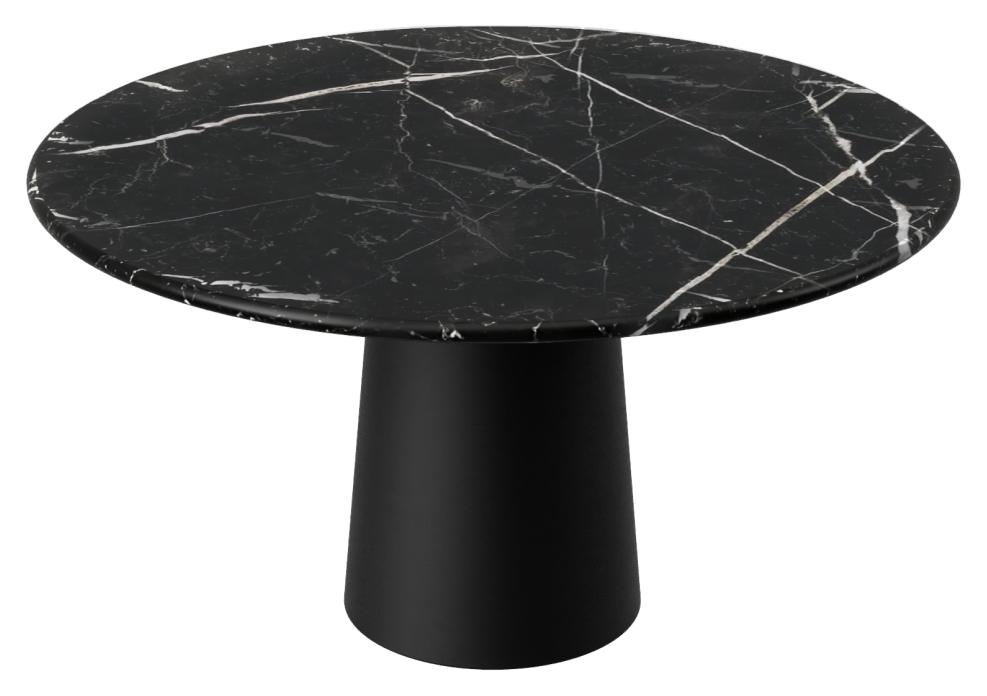 Flow round dining table with Nero Marquina black marble top and black cylindrical base, 110 cm diameter, matte finish.
