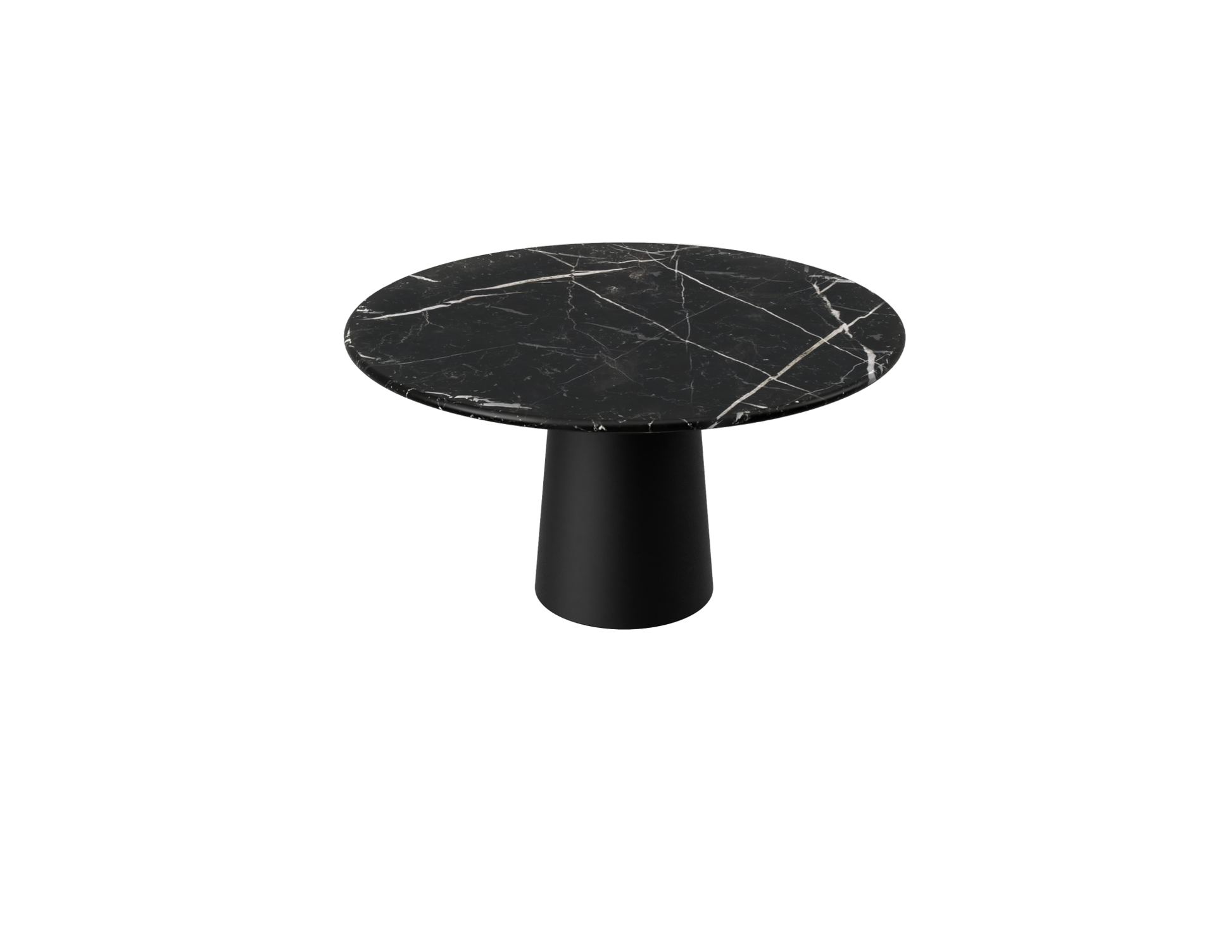 Black Nero Marquina marble round dining table with matte black cylinder base, 110 cm diameter, by My Store.