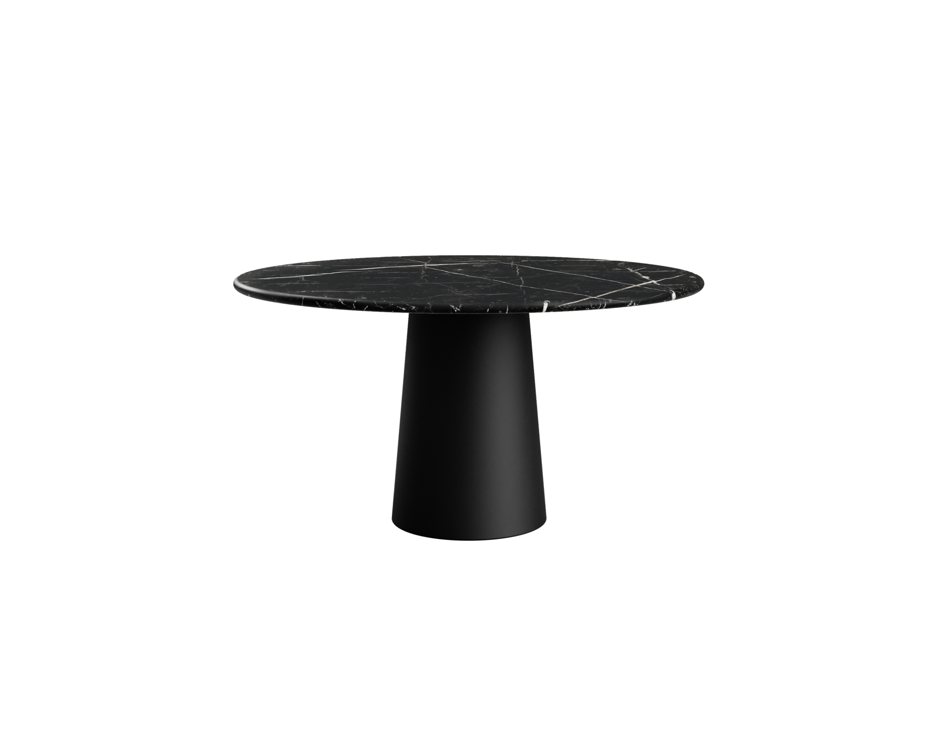 Flow round dining table with Nero Marquina black marble top and black cylindrical base, 110 cm diameter.
