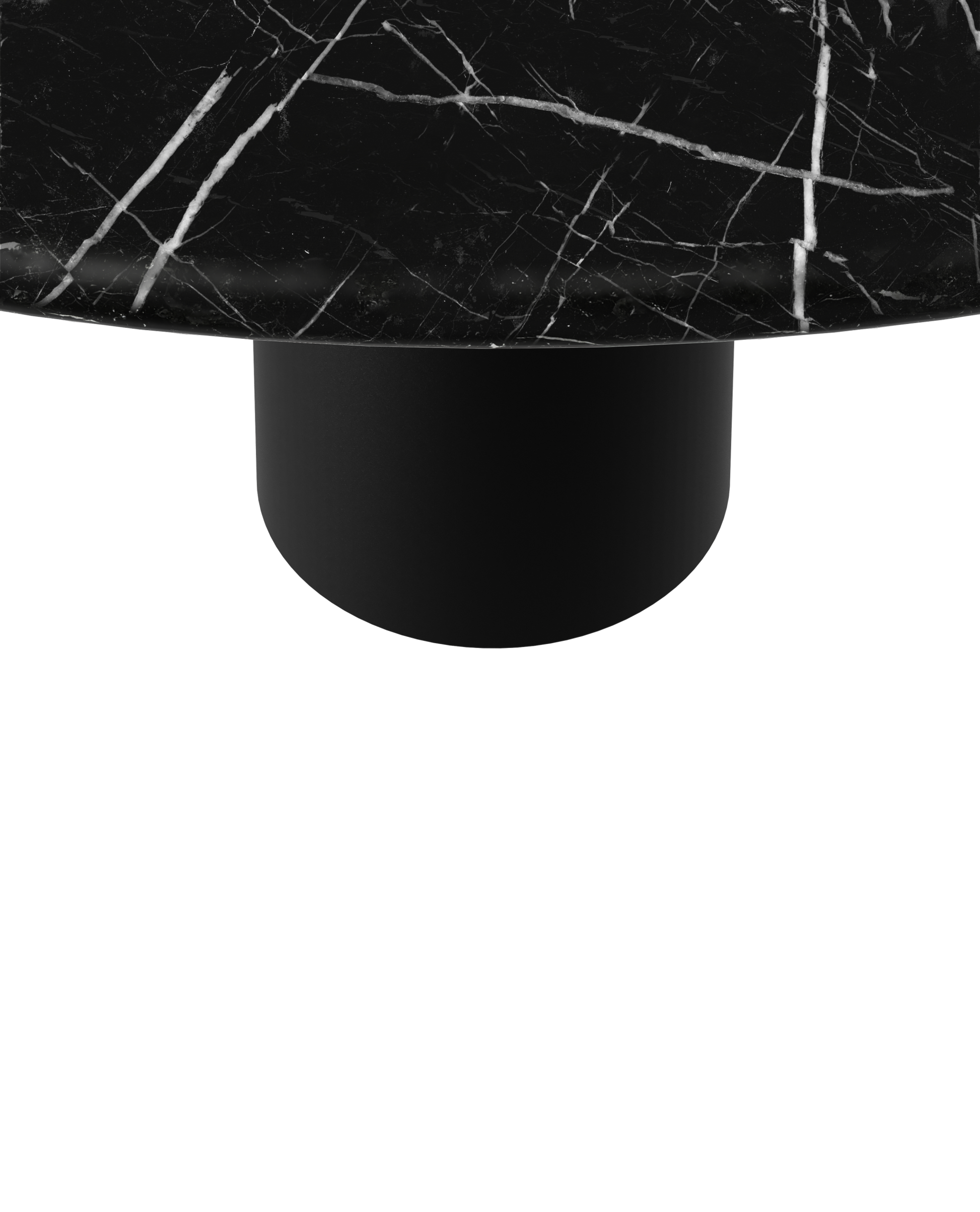 Flow round dining table with Nero Marquina black marble top and black cylindrical base, 110 cm diameter, matte finish.