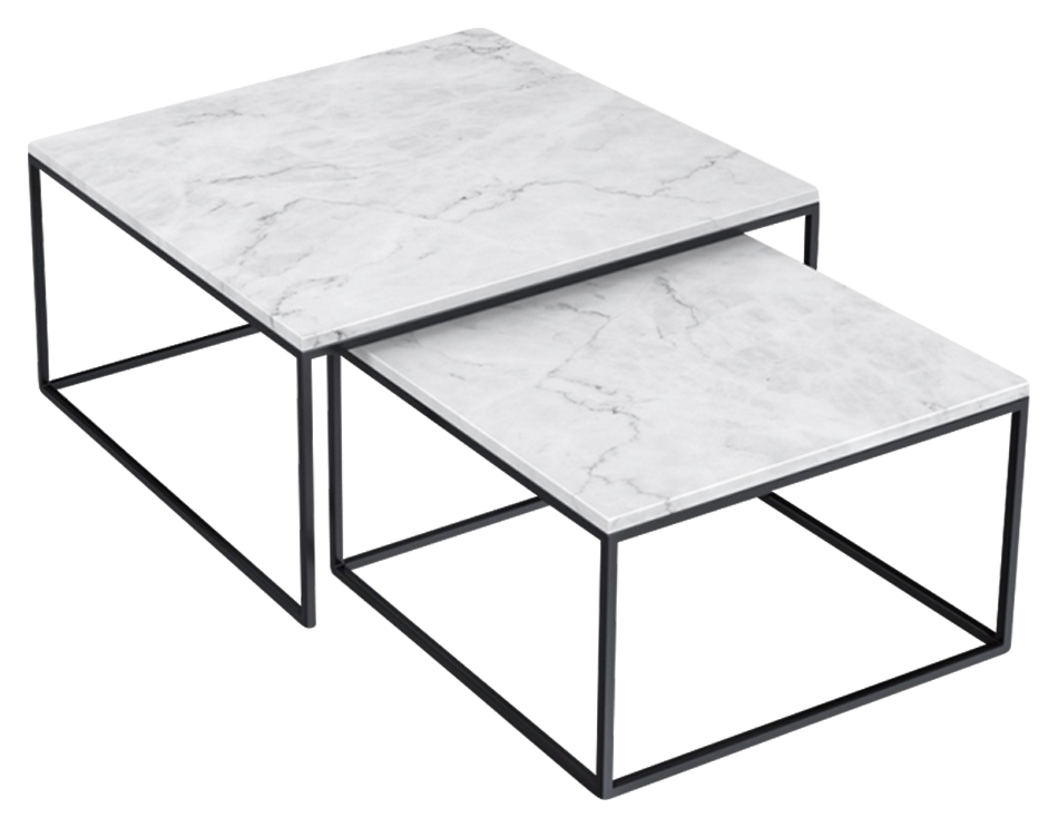 Square marble coffee table set in Bianco Carrara white with glossy finish, featuring a modern design and smooth surface.