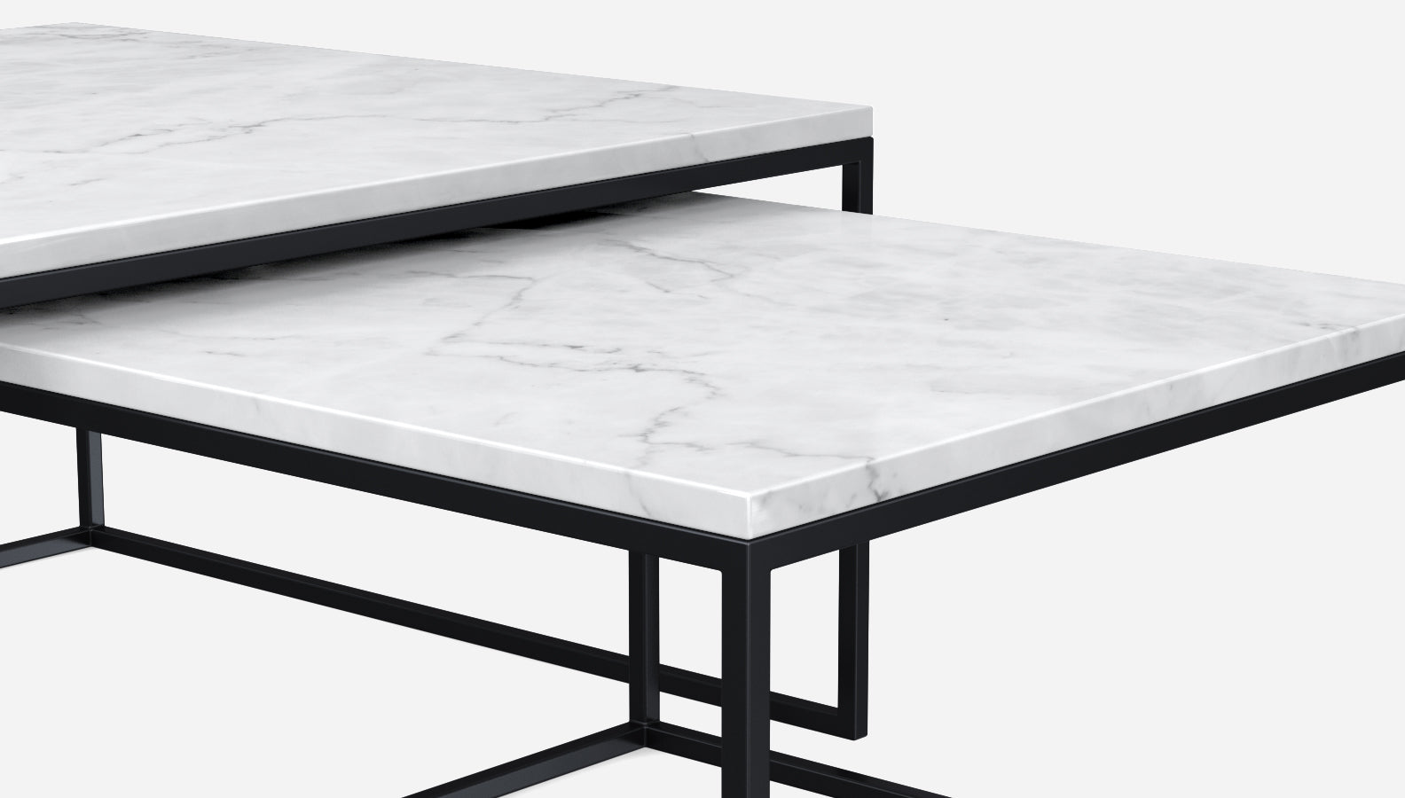 Square marble coffee table set in Bianco Carrara white with glossy finish, featuring two modern, elegant tables for living rooms.
