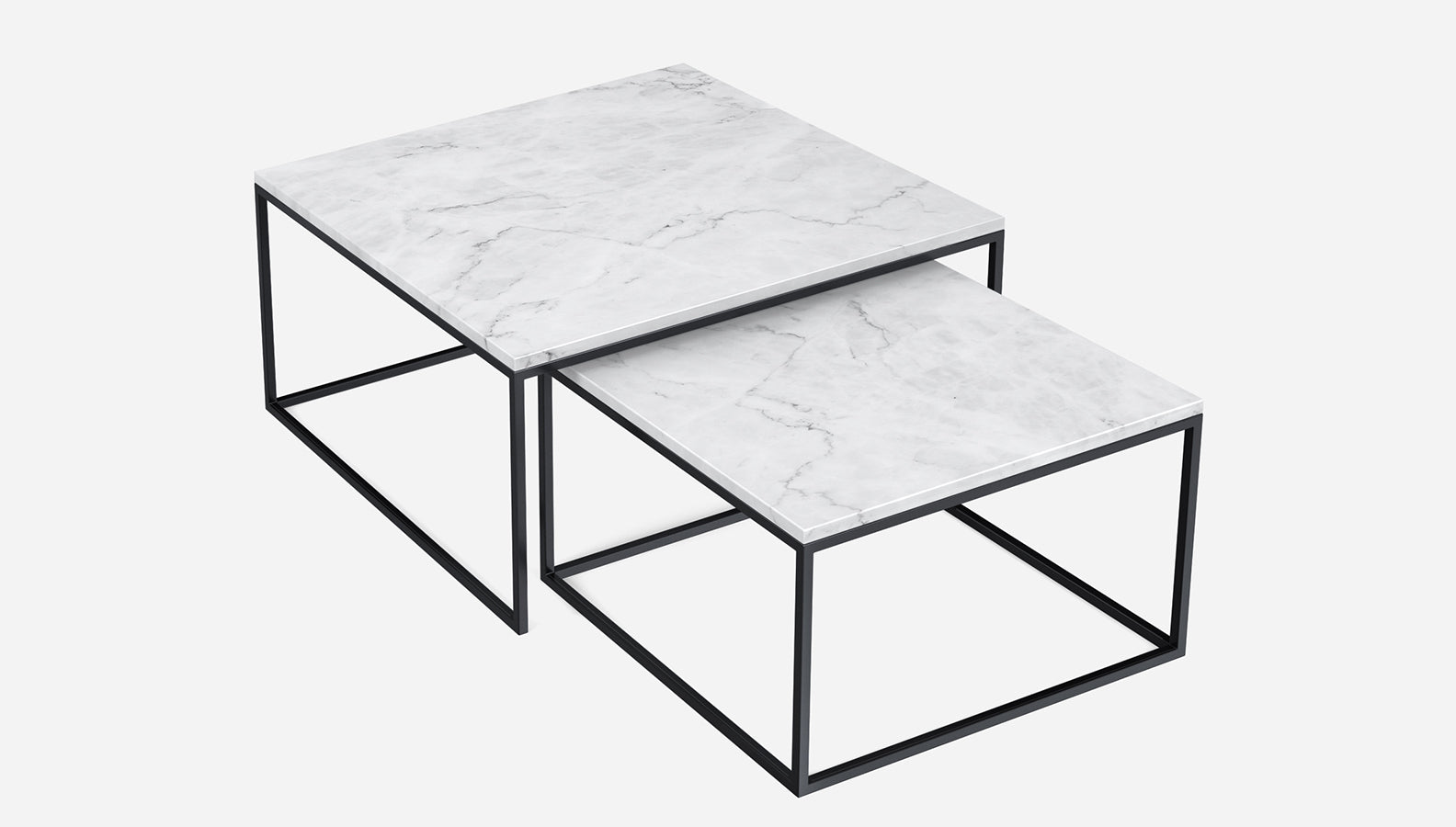 Square marble coffee table set in Bianco Carrara white with a glossy finish, featuring two modern, elegant tables.